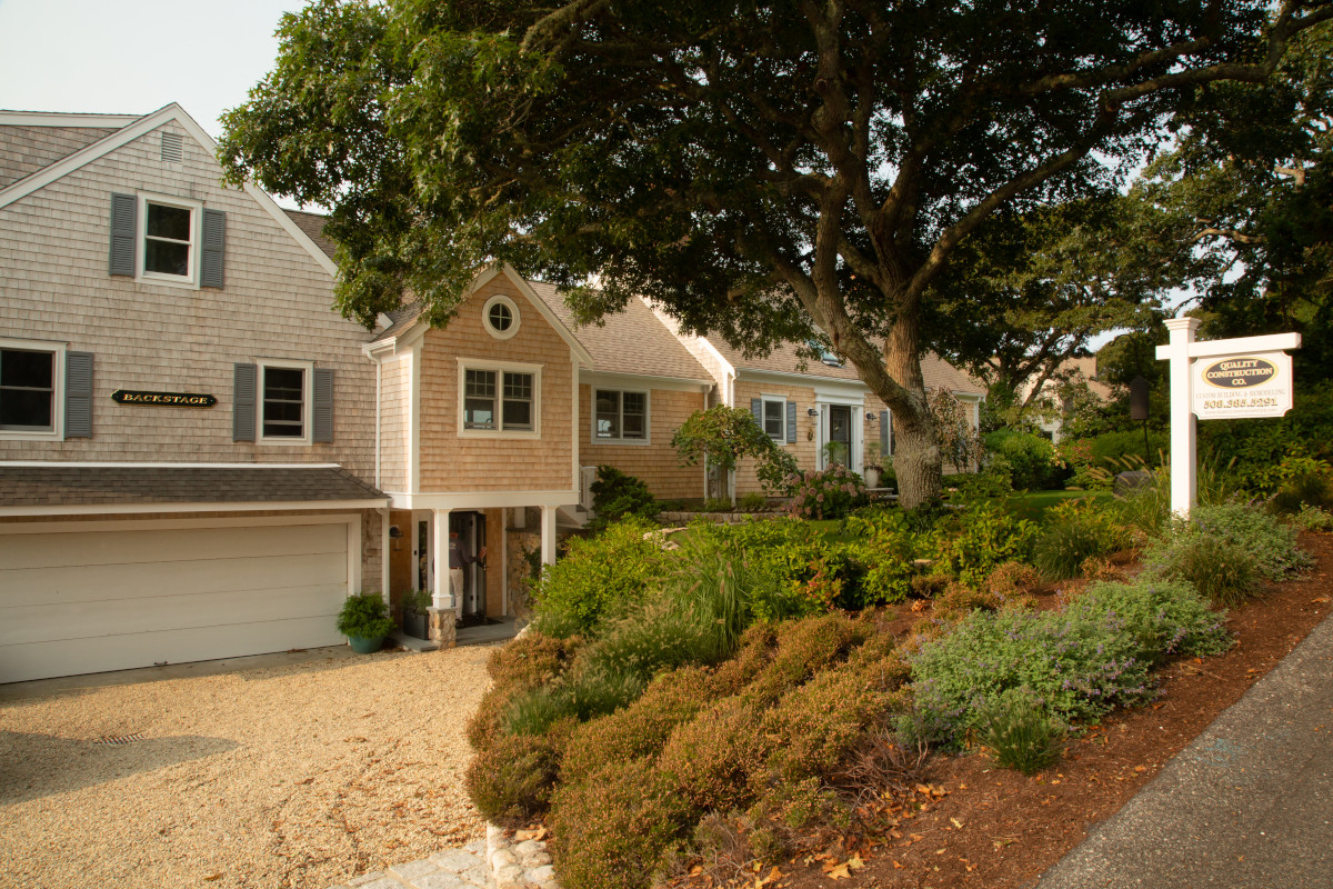 Front exterior and driveway of new home in Chatham, Mass
